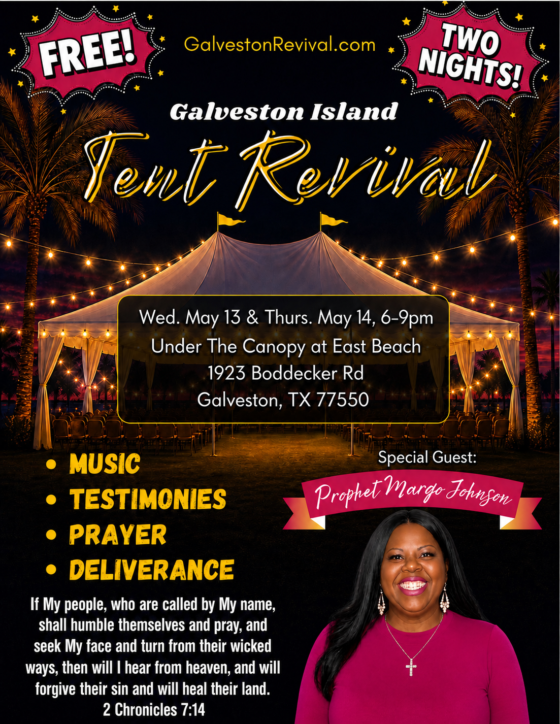 Flyer for the Galveston Island Tent Revival event